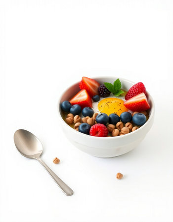 Healthy breakfast with oatmeal, berries and nuts on white background