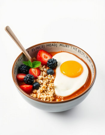 Healthy breakfast with oatmeal, berries and fried egg on white background