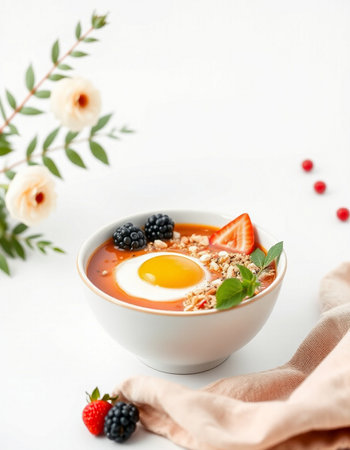 Oatmeal porridge with berries and egg in a bowl on a white backgroundの写真素材