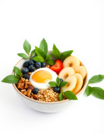 Healthy breakfast bowl with oatmeal, berries, fruits and eggの写真素材