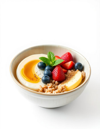 Healthy breakfast with oatmeal, yogurt and berries on white background