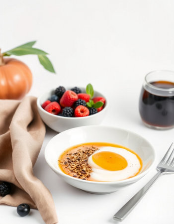 Healthy breakfast with omelet and fresh berries on white background