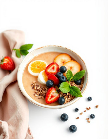 Healthy breakfast bowl with oatmeal, berries and fruits. Healthy food concept.