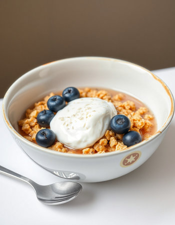 Muesli with yogurt and blueberries in a bowl on a white background