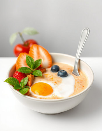 Breakfast with omelet, berries and yogurt on white background