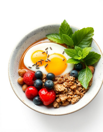 Healthy breakfast bowl with muesli, fresh berries and egg
