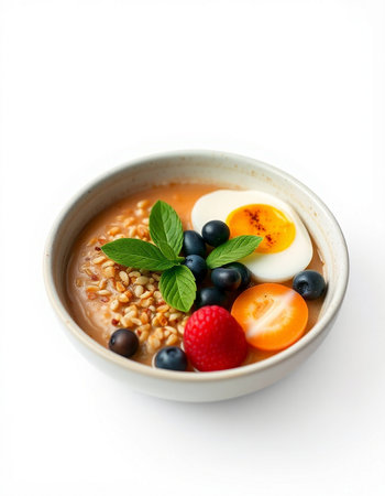 Bowl of oatmeal porridge with fresh berries and egg yolk