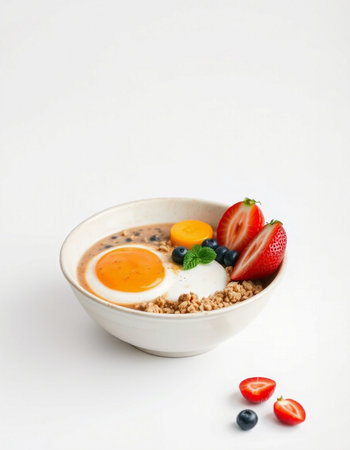 Healthy breakfast. Oatmeal with oatmeal, berries and egg on white background