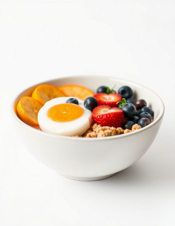 Healthy breakfast with muesli, fruits and berries on white background