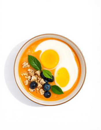 Yogurt with granola and yogurt in a bowl on white background