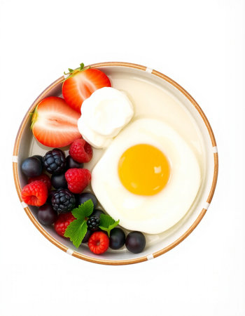 Fried egg with fresh berries in a bowl isolated on white background