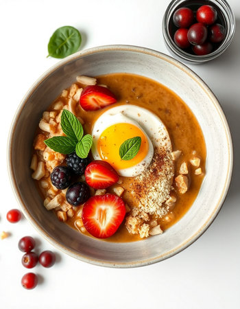 Bowl of delicious oatmeal with berries and egg on white background