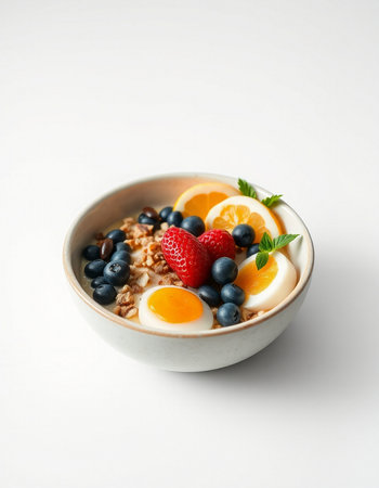 Healthy breakfast with muesli and fruits on white background.