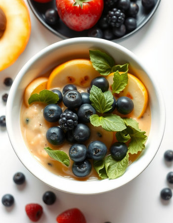 Healthy breakfast with oatmeal porridge with fresh fruits and berries.