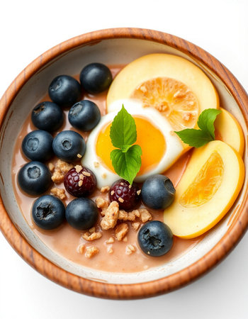 Healthy breakfast bowl with oatmeal, blueberries, orange, granola and egg