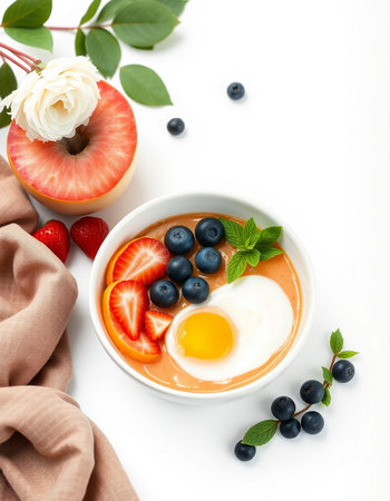 healthy breakfast bowl with egg, strawberries and blueberries on white background