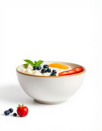 Yogurt with fresh berries in a bowl on a white backgroundの写真素材