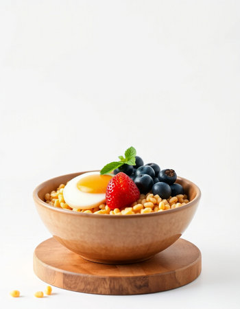 Healthy breakfast with oatmeal, berries and egg in wooden bowl