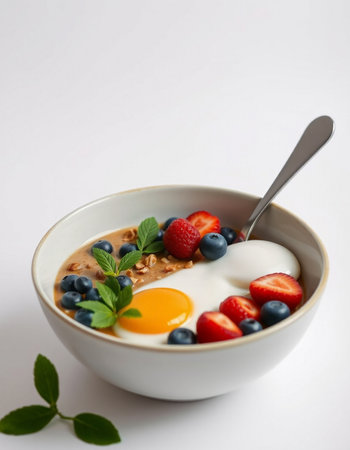 Healthy breakfast with yogurt, strawberries and blueberries on white background