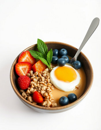 bowl of oatmeal with fresh berries and fried egg on white background