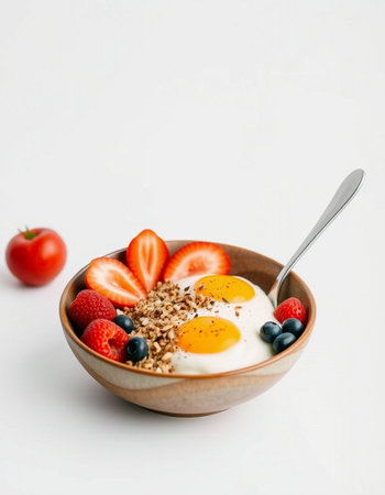 Healthy breakfast. Oatmeal with fresh berries and egg in bowl on white background
