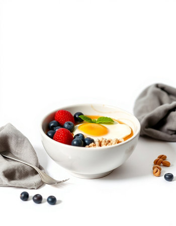 Healthy breakfast with oatmeal, berries and yogurt on a white background