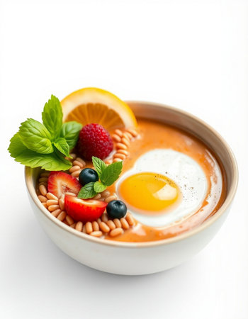 stir-fried eggs in tomato soup with fresh berries and mint