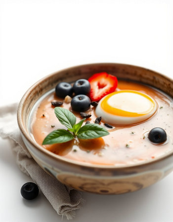 Tomato soup with eggs and blueberries in a ceramic bowl.