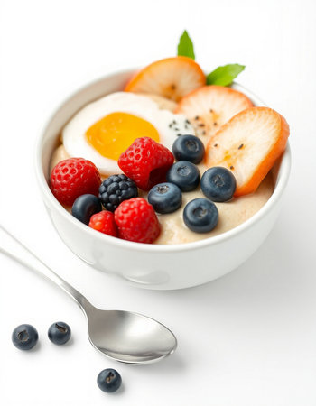 Healthy breakfast - oatmeal with fruits and berries on white background