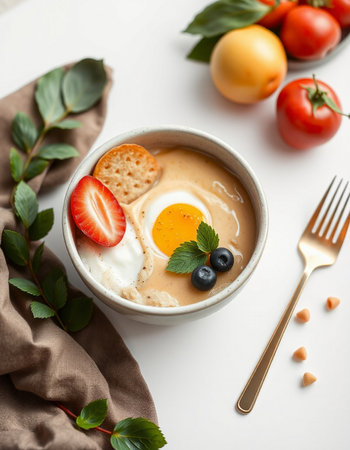 Healthy breakfast. Oatmeal porridge with fried egg and berries on white background