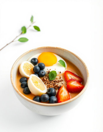 yogurt with fresh berries and eggs in a bowl on a white background