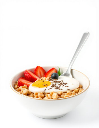 Healthy breakfast with cornflakes and fresh berries on white background