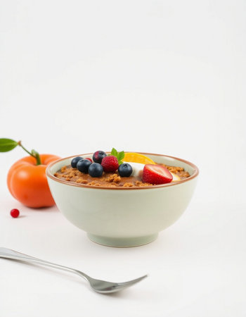 Healthy breakfast. Oatmeal with berries and fruits on white background