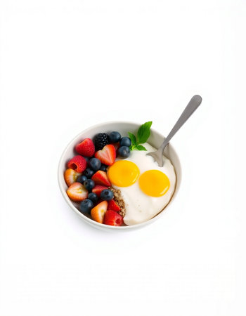 Healthy breakfast with omelet, strawberries and blueberries on white background