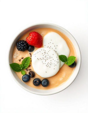 Pudding with cream and berries in bowl, isolated on white background