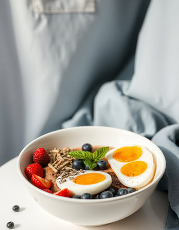 Healthy breakfast with oatmeal, eggs and berries on white table