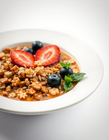 Tasty oatmeal with berries and mint on a white plate.の写真素材