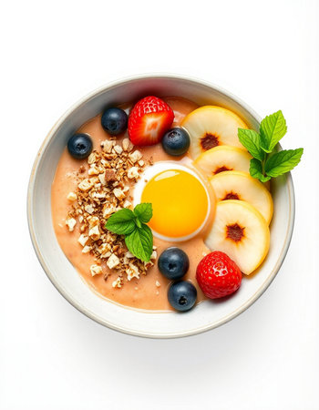 Healthy breakfast bowl with oatmeal, berries, fruits and egg