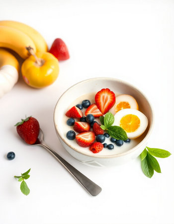 Healthy breakfast with yogurt, fresh berries and egg on white background