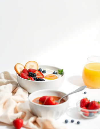 Healthy breakfast with oatmeal, berries and orange juice on a white background