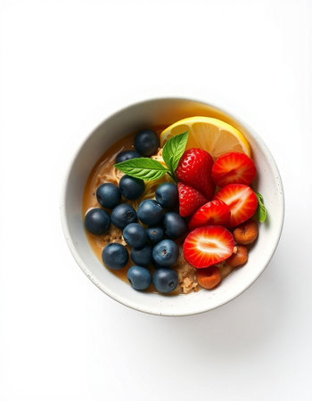 bowl of oatmeal porridge with fresh berries isolated on white background