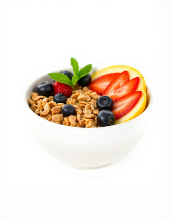 bowl of muesli with fresh berries and mint isolated on white