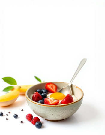 Healthy breakfast with oatmeal, fresh berries and fruits on white background
