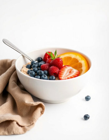 Healthy breakfast with oatmeal, berries and orange on white backgroundの写真素材