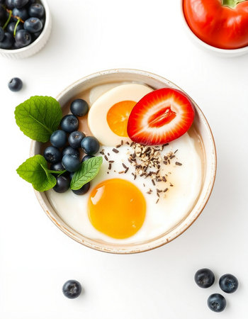 Bowl of homemade yogurt with egg yolk and berries on white backgroundの写真素材