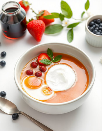 Strawberry soup with yogurt and fresh berries on a white backgroundの写真素材