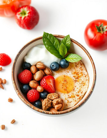 Healthy breakfast. Oatmeal with yogurt, berries and nuts on white backgroundの写真素材