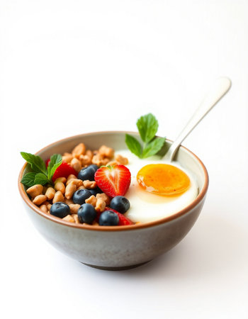 Breakfast with oatmeal, berries and egg on a white background