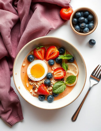 Healthy breakfast bowl with oatmeal, fresh berries and soft boiled eggの写真素材