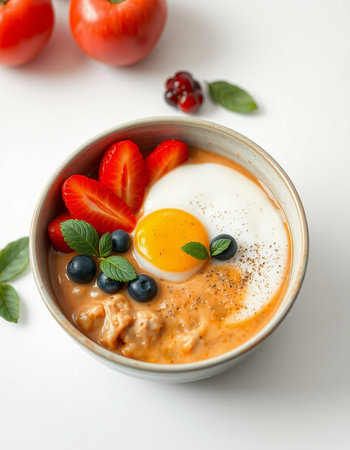 Bowl of oatmeal porridge with berries and egg on white backgroundの写真素材